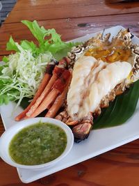 High angle view of meal served on table