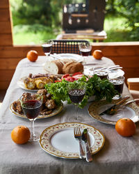 High angle view of meal served on table