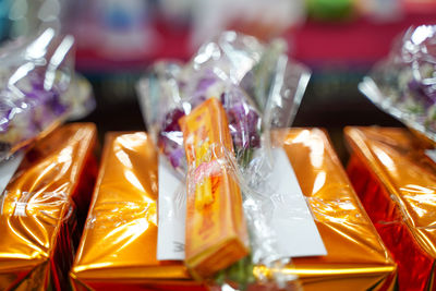 Close-up of multi colored candies on table