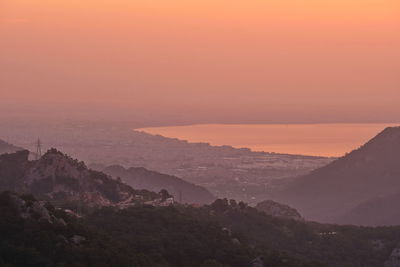 Scenic view of mountains against sky during sunset