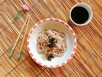High angle view of dessert served on table