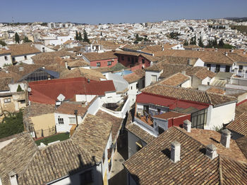 High angle view of houses in city