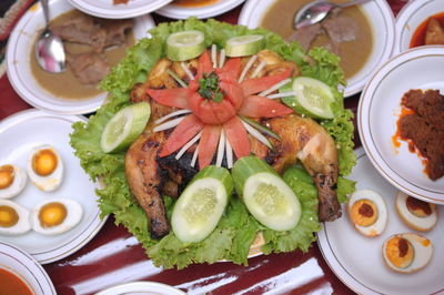 High angle view of meal served on table