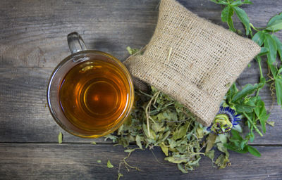 High angle view of tea on table