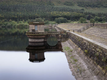 High angle view of lake along plants