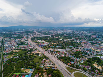 High angle view of street amidst buildings in city