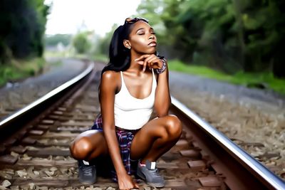 Young woman sitting on sidewalk in city