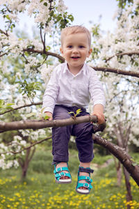 Little boy blond in a white shirt and blue pants sitting on flowered tree apple tree white flowers