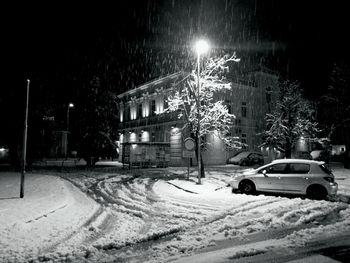 Illuminated city against sky at night during winter