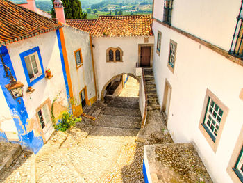High angle view of steps by buildings