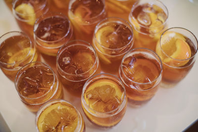 High angle view of drink on table