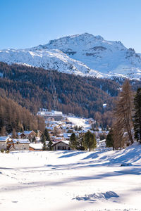 The village of surlej, in engadine, grisons, switzerland, in winter, and the corvatsch cable car. 