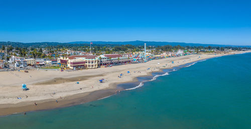 High angle view of beach against clear blue sky