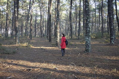 Full length of woman walking in forest against sky