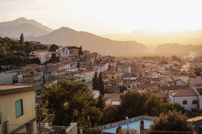 High angle view of houses with mountain in background