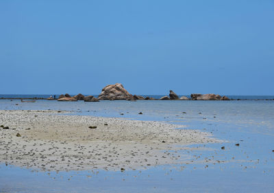 Scenic view of calm sea against clear blue sky