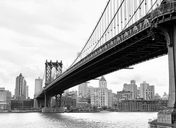 View of suspension bridge with city in background
