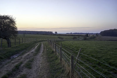 Scenic view of agricultural field against sky during sunset