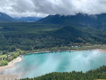 Panoramic view of lake and mountains against sky