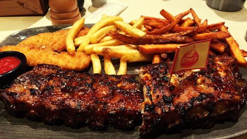 Close-up of meat on barbecue grill