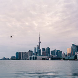 River in front of city against sky