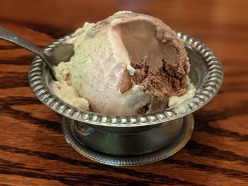 Close-up of spumoni ice cream in bowl on table