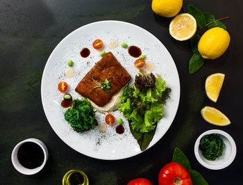 Directly above shot of breakfast served on table