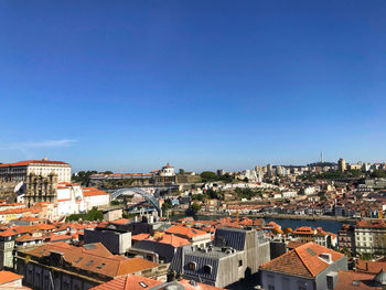 High angle view of townscape against blue sky