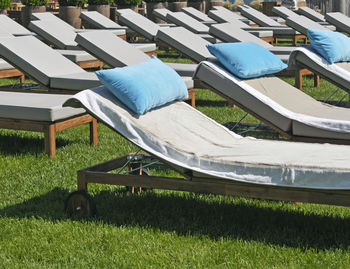 High angle view of empty benches in park