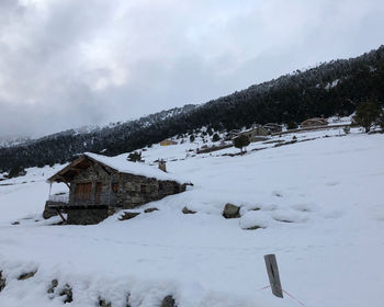 Scenic view of snow covered field against sky