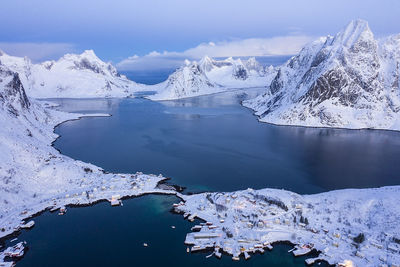 Aerial view of snowcapped mountain against sky