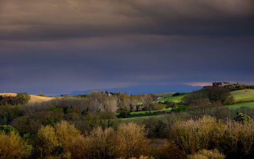 Scenic view of land against sky during sunset