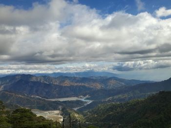 Scenic view of mountains against cloudy sky