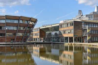 Reflection of buildings in lake against sky