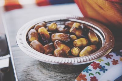 High angle view of fruits in bowl on table