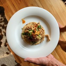 High angle view of food in plate on table