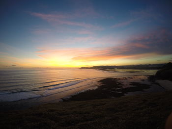 Scenic view of beach against sky during sunset