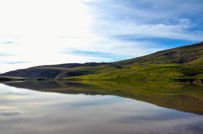 Scenic view of lake and mountains against sky