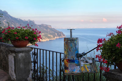 Potted plants by sea against sky