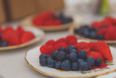 Close-up of strawberries in plate on table