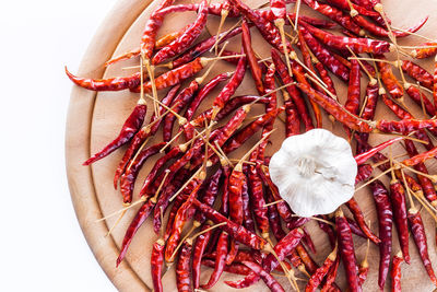 Close-up of red chili pepper against white background