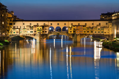 Arch bridge over river against buildings