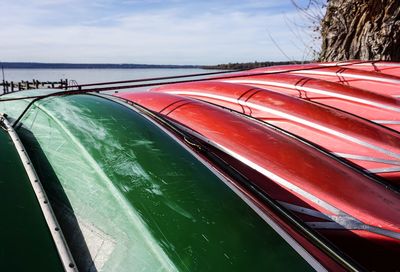 Close-up of tied canoes at beach