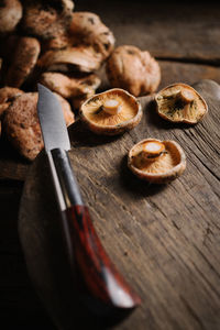 High angle view of mushrooms on table