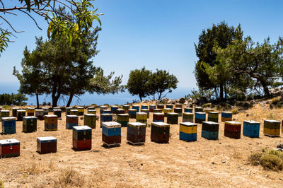 Built structure on land against clear blue sky