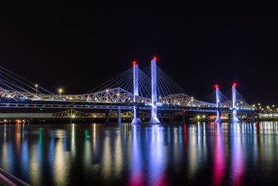 Illuminated bridge over river at night