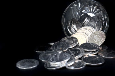 Close-up of coins on black background