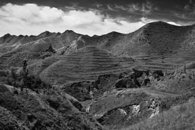 Scenic view of mountains against cloudy sky