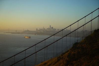Bridge over river in city against clear sky