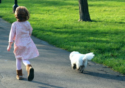 Rear view of woman with dog